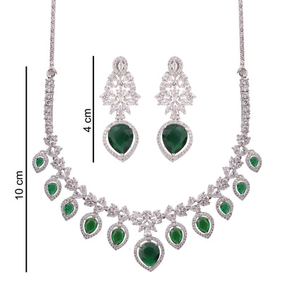 Emerald Green American Diamond Pear Drop Necklace Set, with dimensions