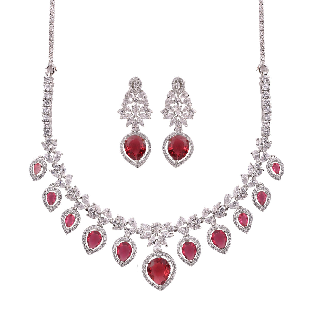 Ruby Red American Diamond Pear Drop Necklace Set