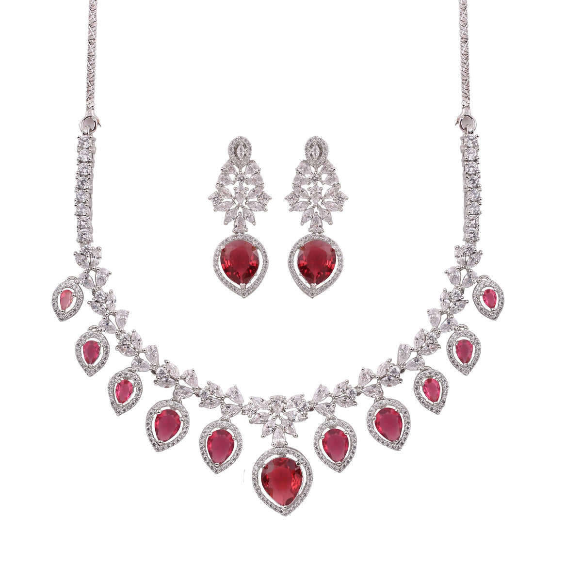 Ruby Red American Diamond Pear Drop Necklace Set