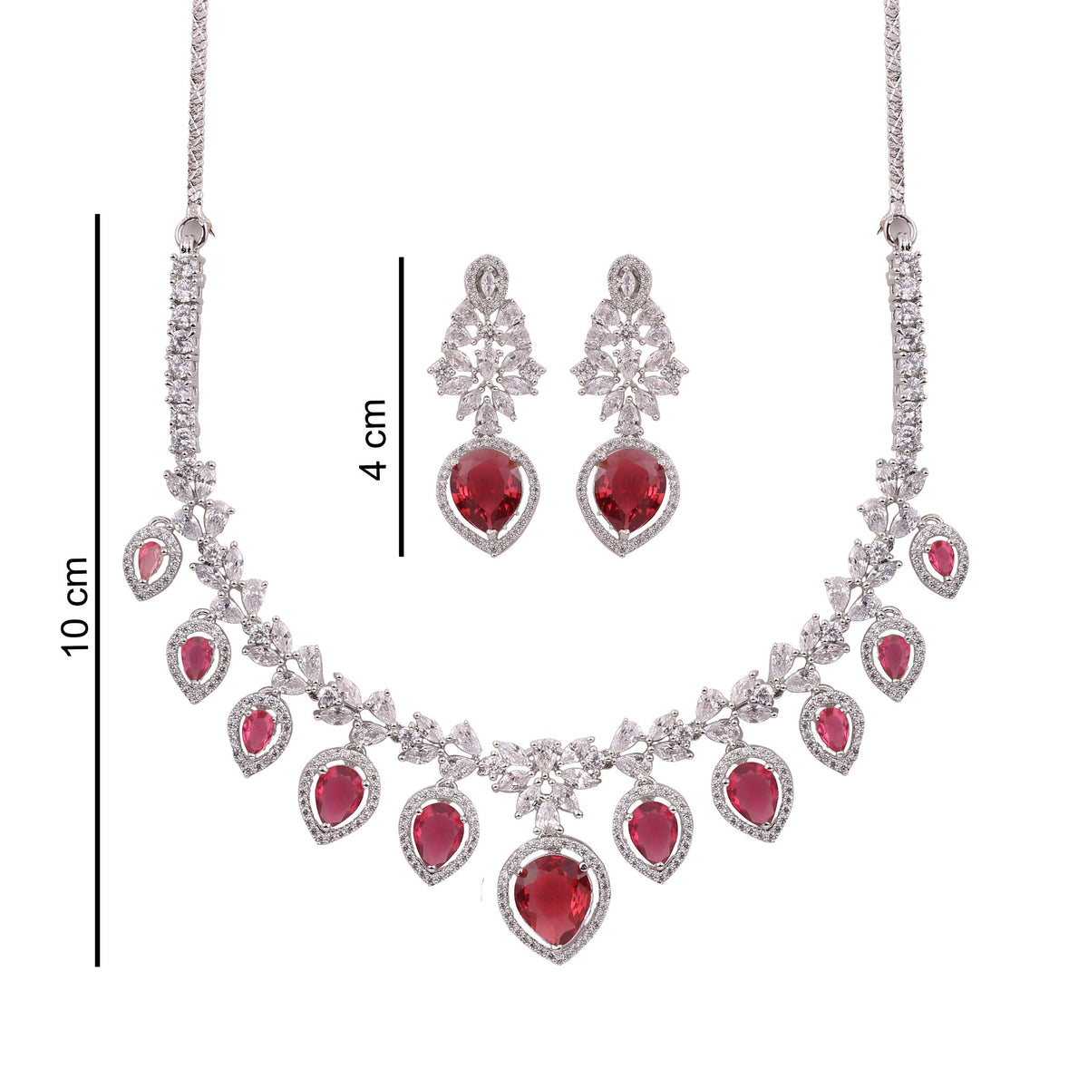 Ruby Red American Diamond Pear Drop Necklace Set, with dimensions