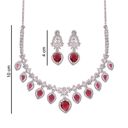 Ruby Red American Diamond Pear Drop Necklace Set, with dimensions
