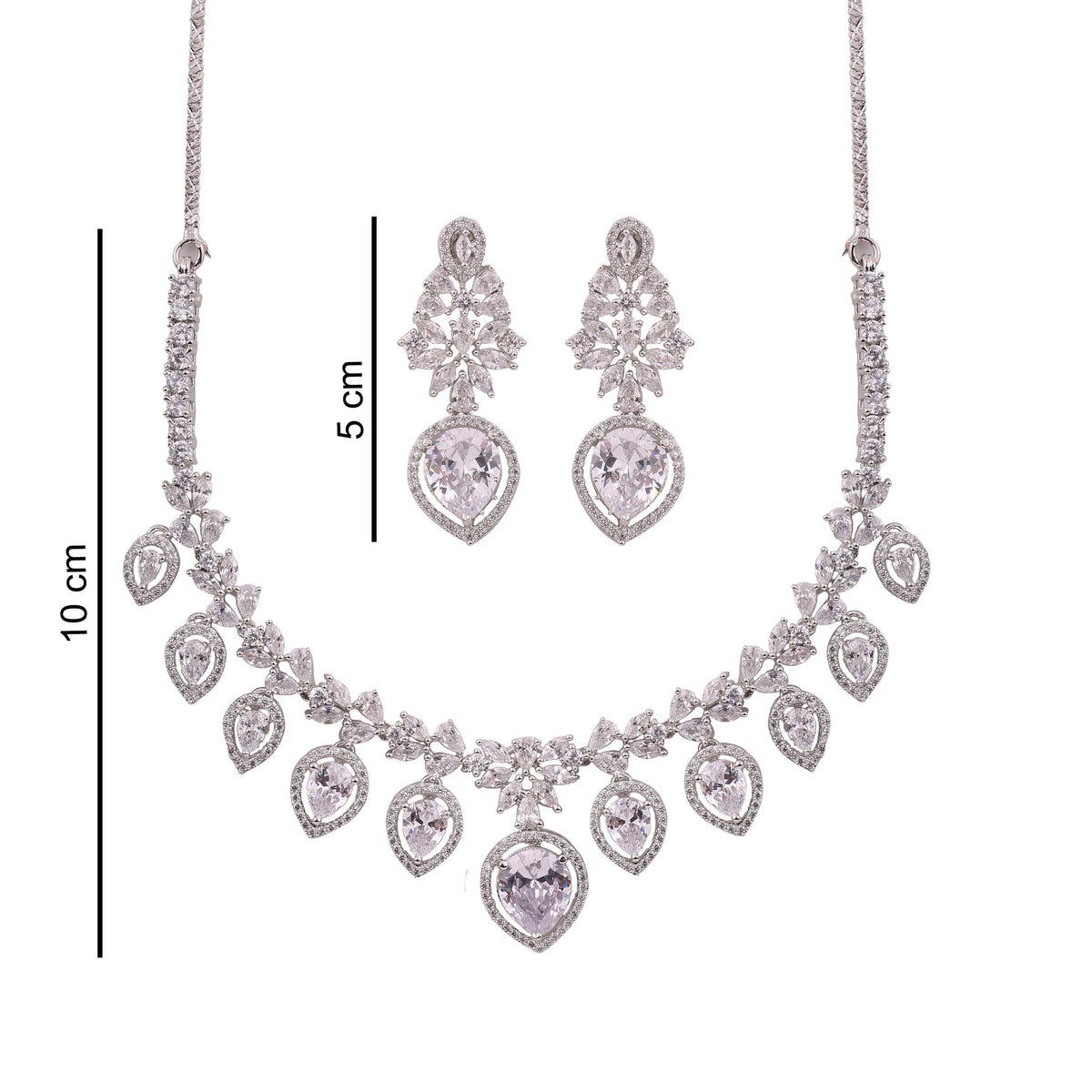 Clear American Diamond Pear Drop Necklace Set, with dimensions