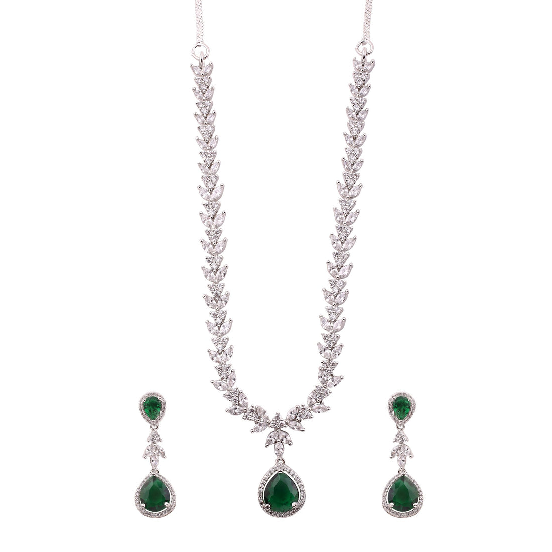 Emerald Green American Diamond Leaf Vine Necklace Set