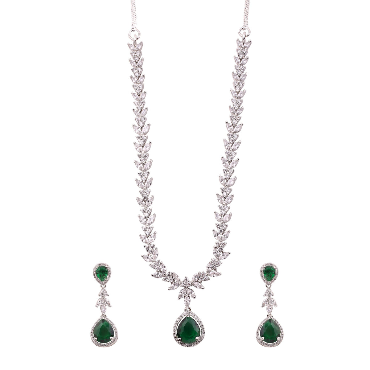 Emerald Green American Diamond Leaf Vine Necklace Set