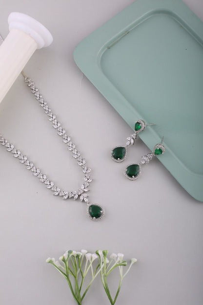 Emerald Green American Diamond Leaf Vine Necklace Set, styled flat lay