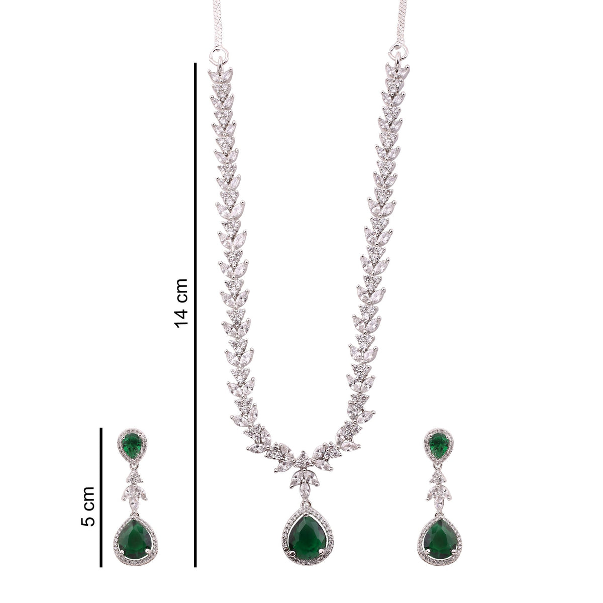 Emerald Green American Diamond Leaf Vine Necklace Set, with dimensions