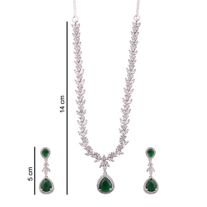 Emerald Green American Diamond Leaf Vine Necklace Set, with dimensions