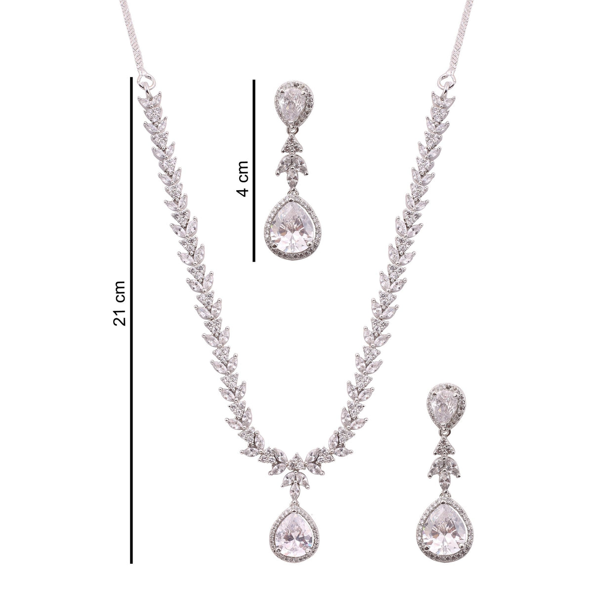 Clear American Diamond Leaf Vine Necklace Set, with dimensions