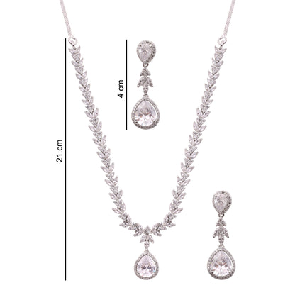 Clear American Diamond Leaf Vine Necklace Set, with dimensions