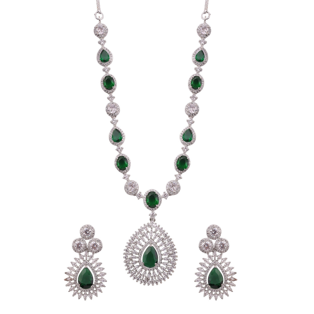 Emerald Green American Diamond Teardrop Pendant Necklace Set
