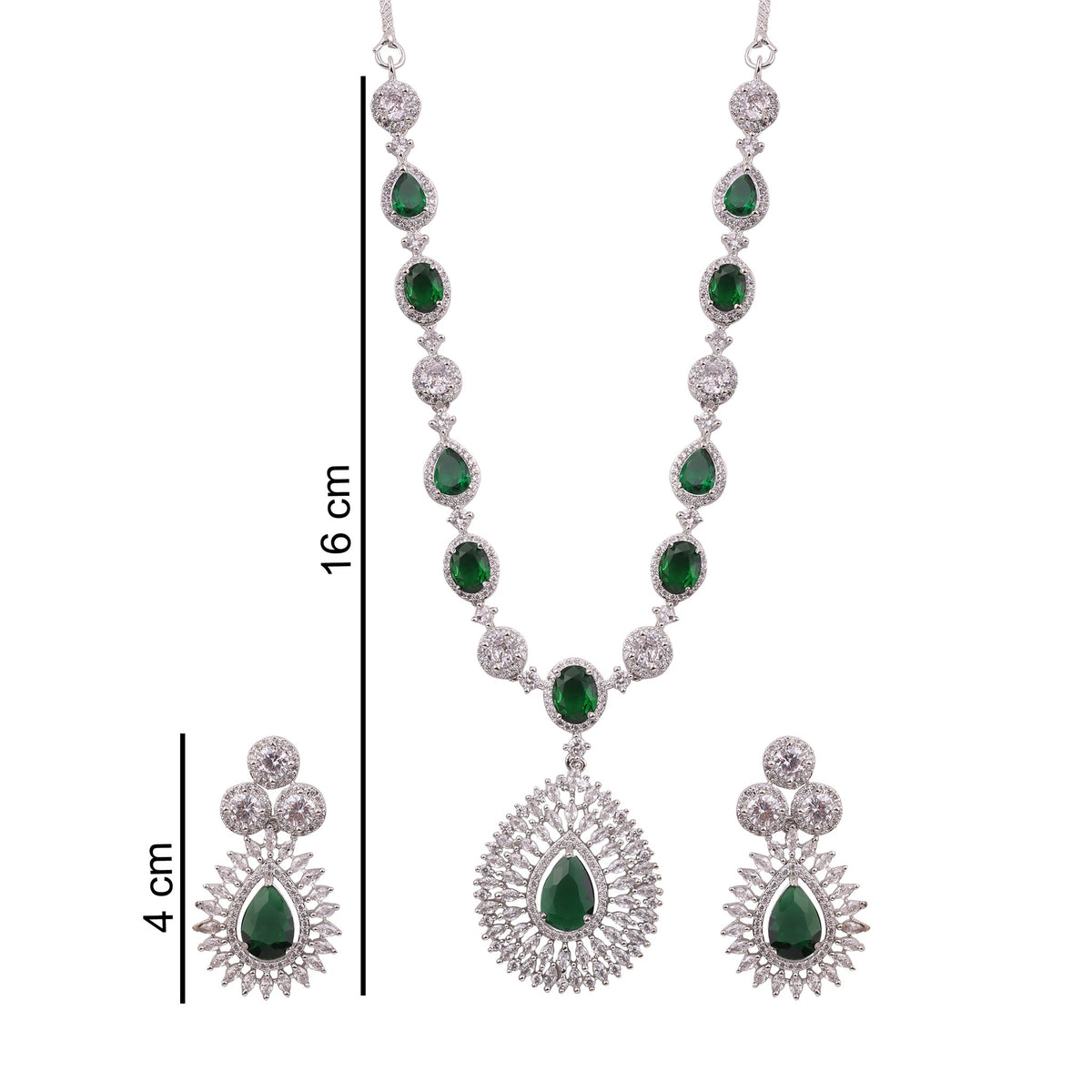 Emerald Green American Diamond Teardrop Pendant Necklace Set, with dimensions
