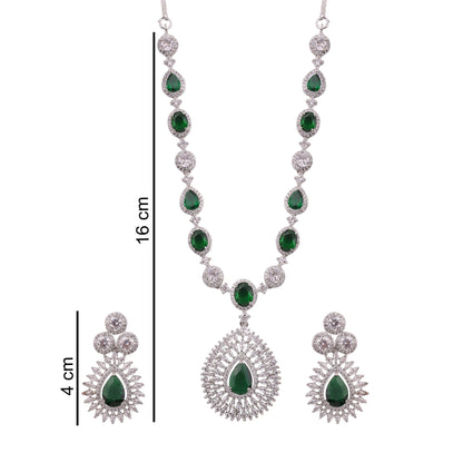 Emerald Green American Diamond Teardrop Pendant Necklace Set, with dimensions