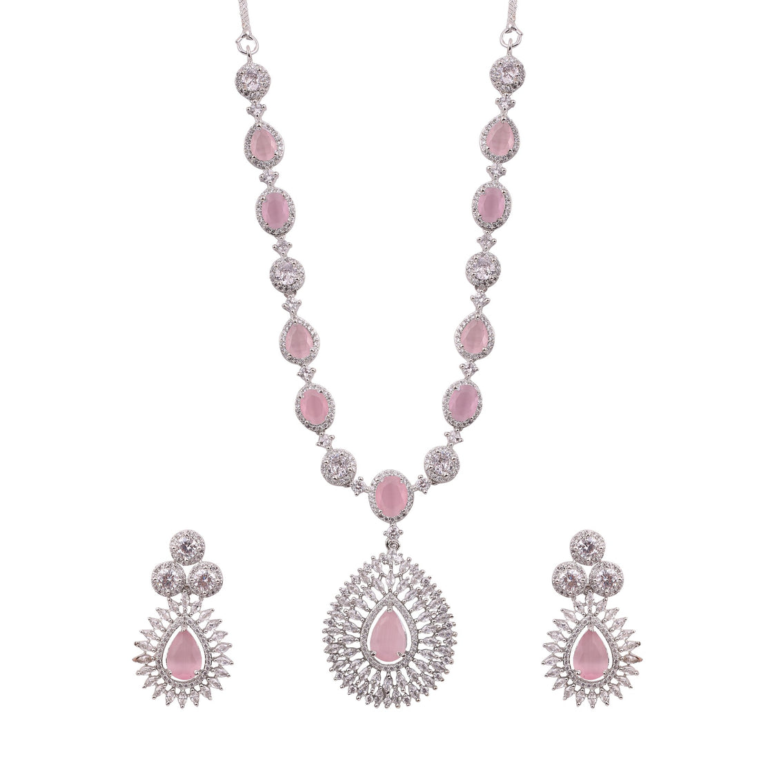 Pink American Diamond Teardrop Pendant Necklace Set
