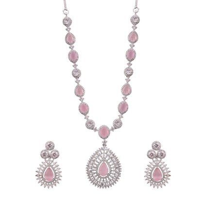 Pink American Diamond Teardrop Pendant Necklace Set