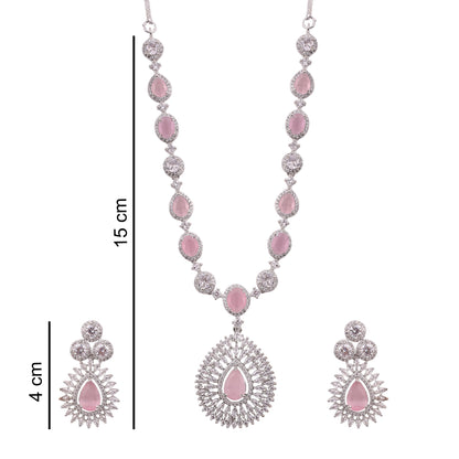 Pink American Diamond Teardrop Pendant Necklace Set, with dimensions