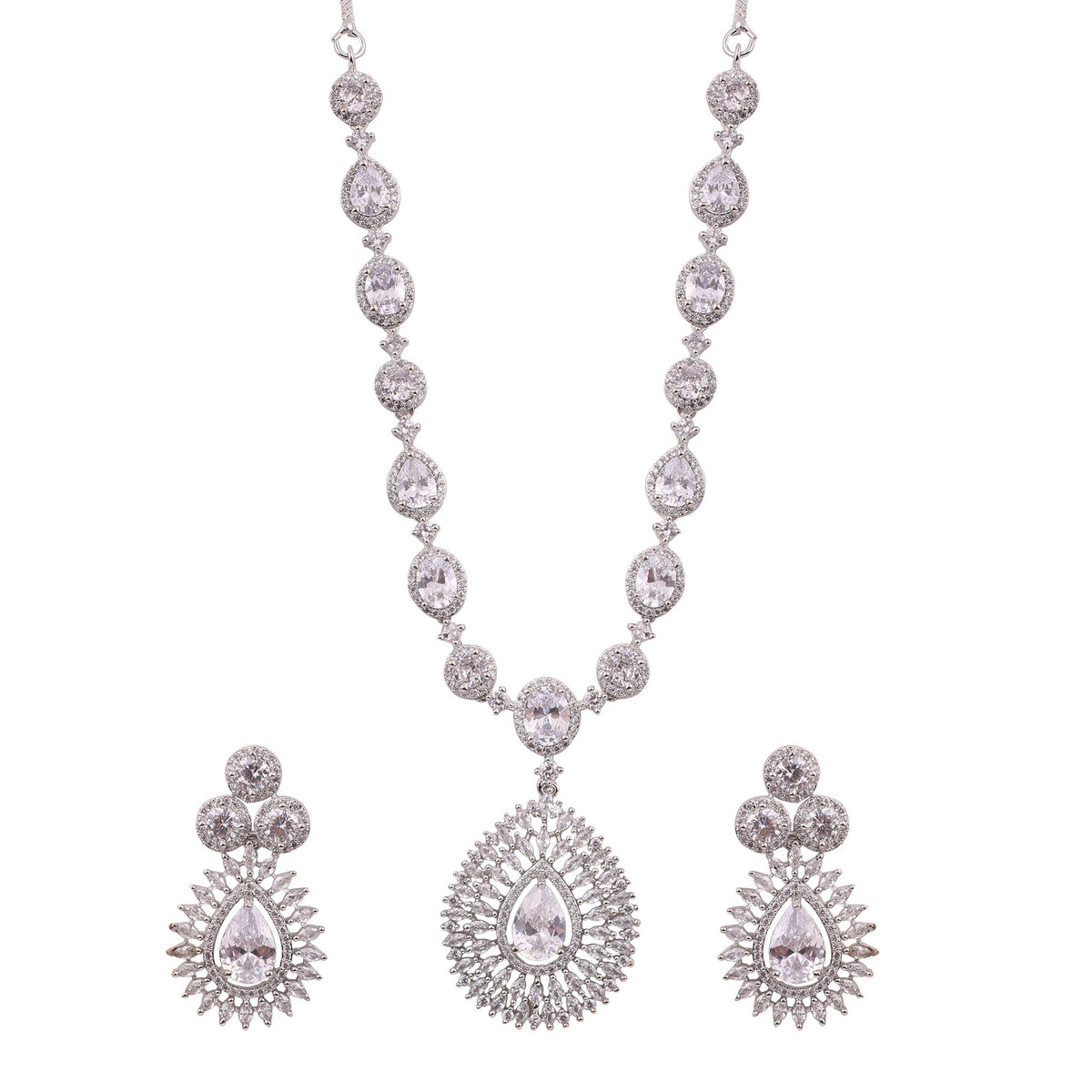 Clear American Diamond Teardrop Pendant Necklace Set