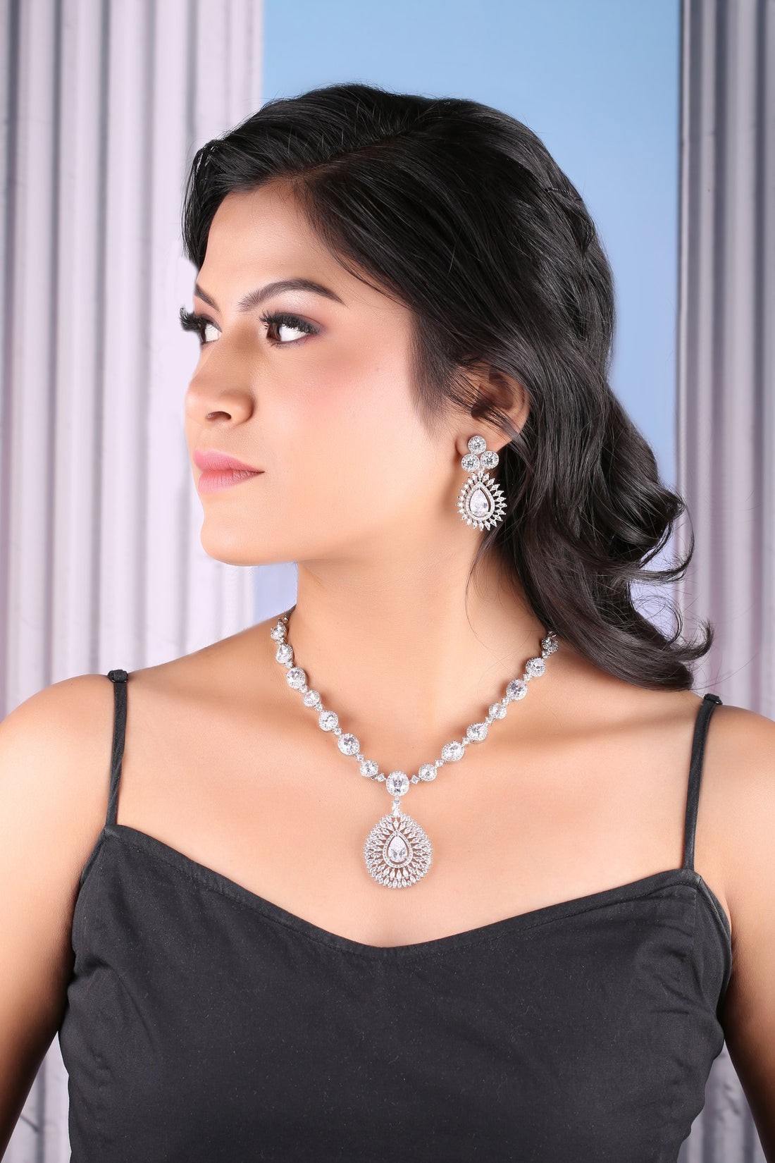 Clear American Diamond Teardrop Pendant Necklace Set, worn by model