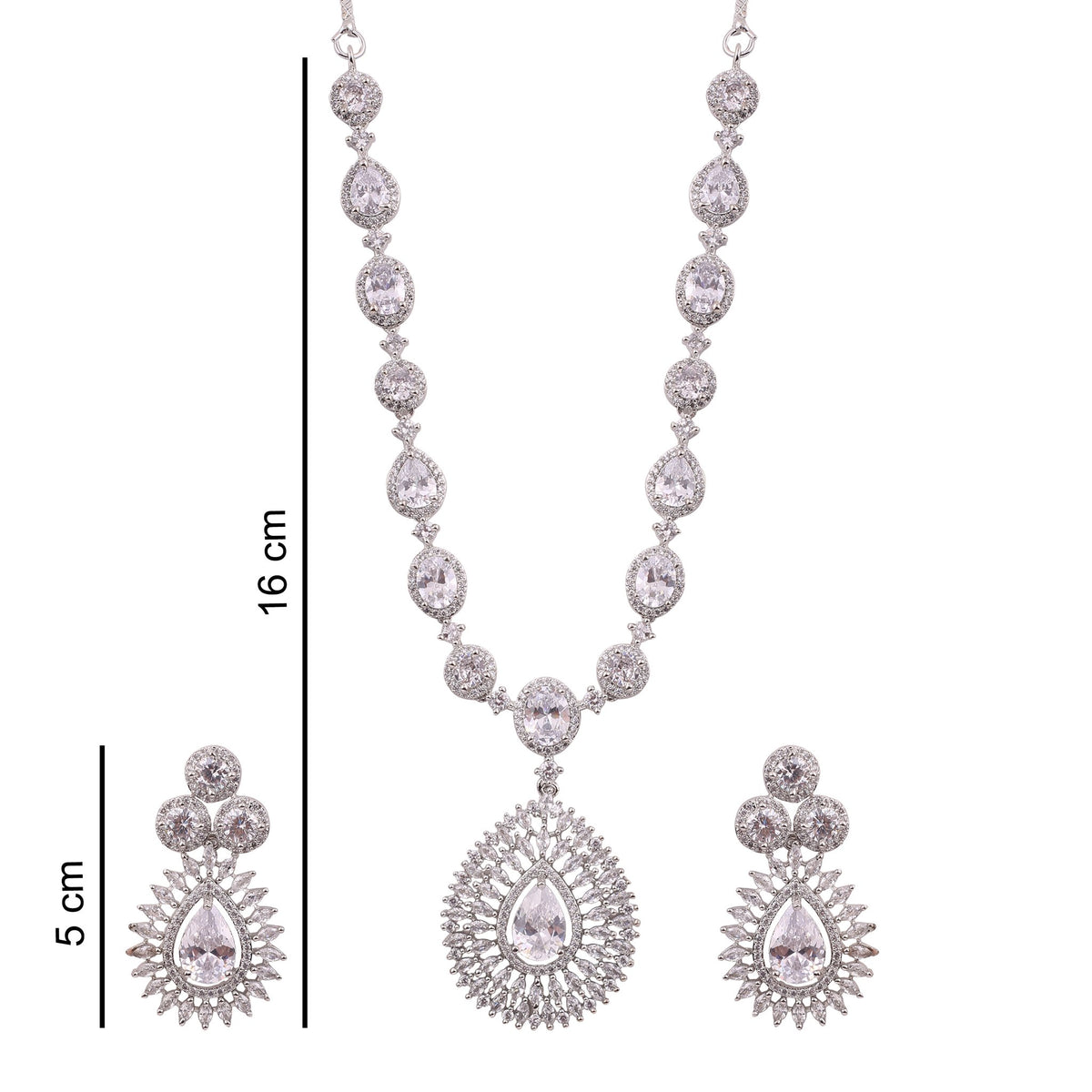 Clear American Diamond Teardrop Pendant Necklace Set, with dimensions