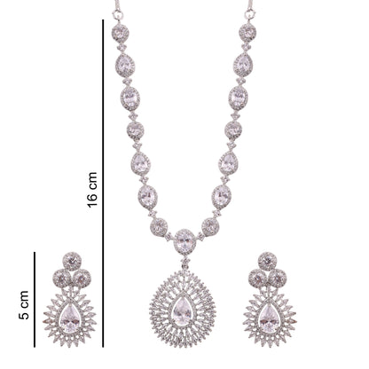 Clear American Diamond Teardrop Pendant Necklace Set, with dimensions