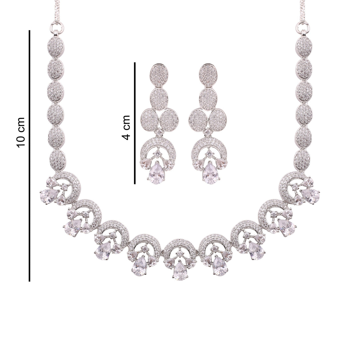 American Diamond Swirl Necklace Set with Drop Earrings, with dimensions
