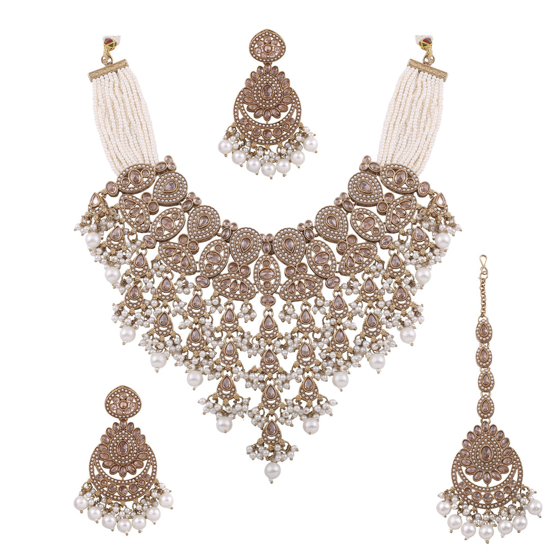 Antique Gold Polki Bridal Necklace Set with Pearl Strands, Chandbalis &amp; Maang Tikka