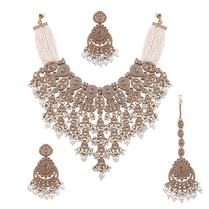 Antique Gold Polki Bridal Necklace Set with Pearl Strands, Chandbalis &amp; Maang Tikka