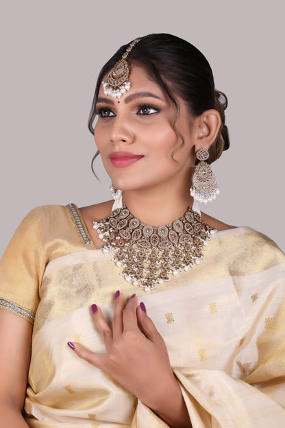 Antique Gold Polki Bridal Necklace Set with Pearl Strands, Chandbalis &amp; Maang Tikka, worn by model