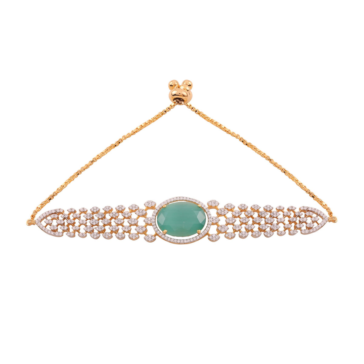Adjustable Cubic Zirconia Bracelet with Oval Stone - Mint Green, with dimensions