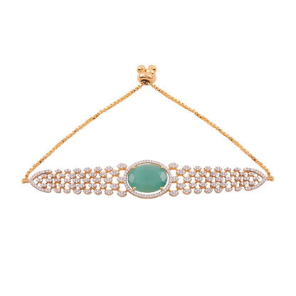 Adjustable Cubic Zirconia Bracelet with Oval Stone - Mint Green, with dimensions