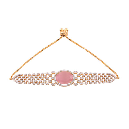 Adjustable Cubic Zirconia Bracelet with Oval Stone - Pink, with dimensions