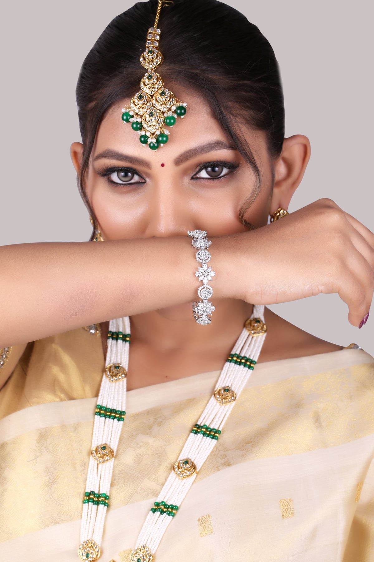 Silver Floral Cubic Zirconia Link Bracelet, worn by model