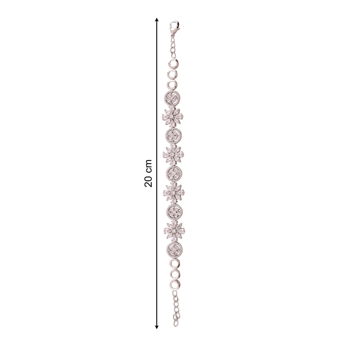 Silver Floral Cubic Zirconia Link Bracelet, with dimensions