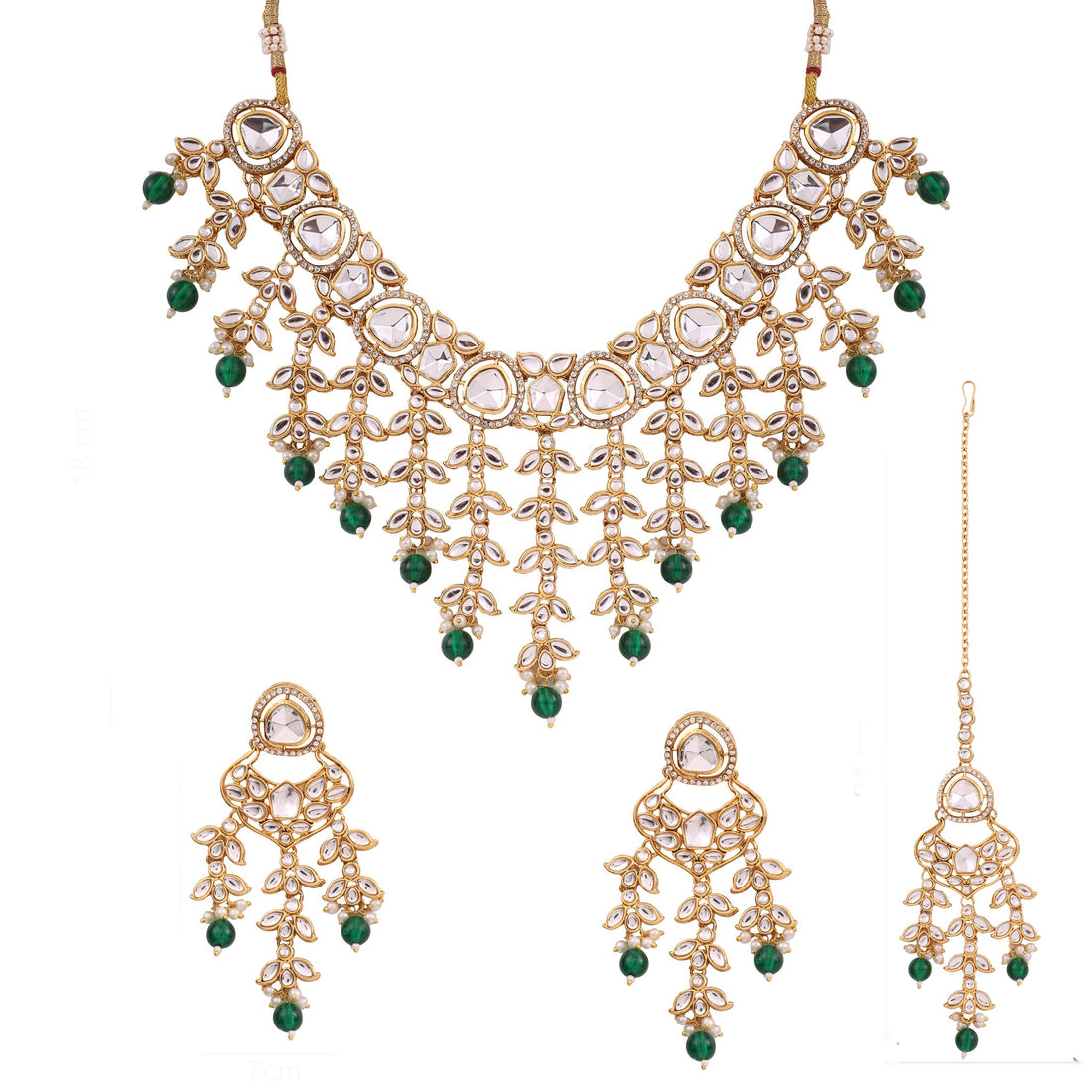 Emerald Green Kundan Cascade Necklace Set with Maang Tikka