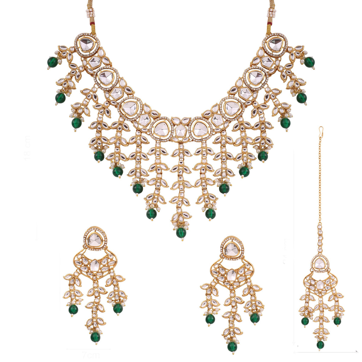 Emerald Green Kundan Cascade Necklace Set with Maang Tikka