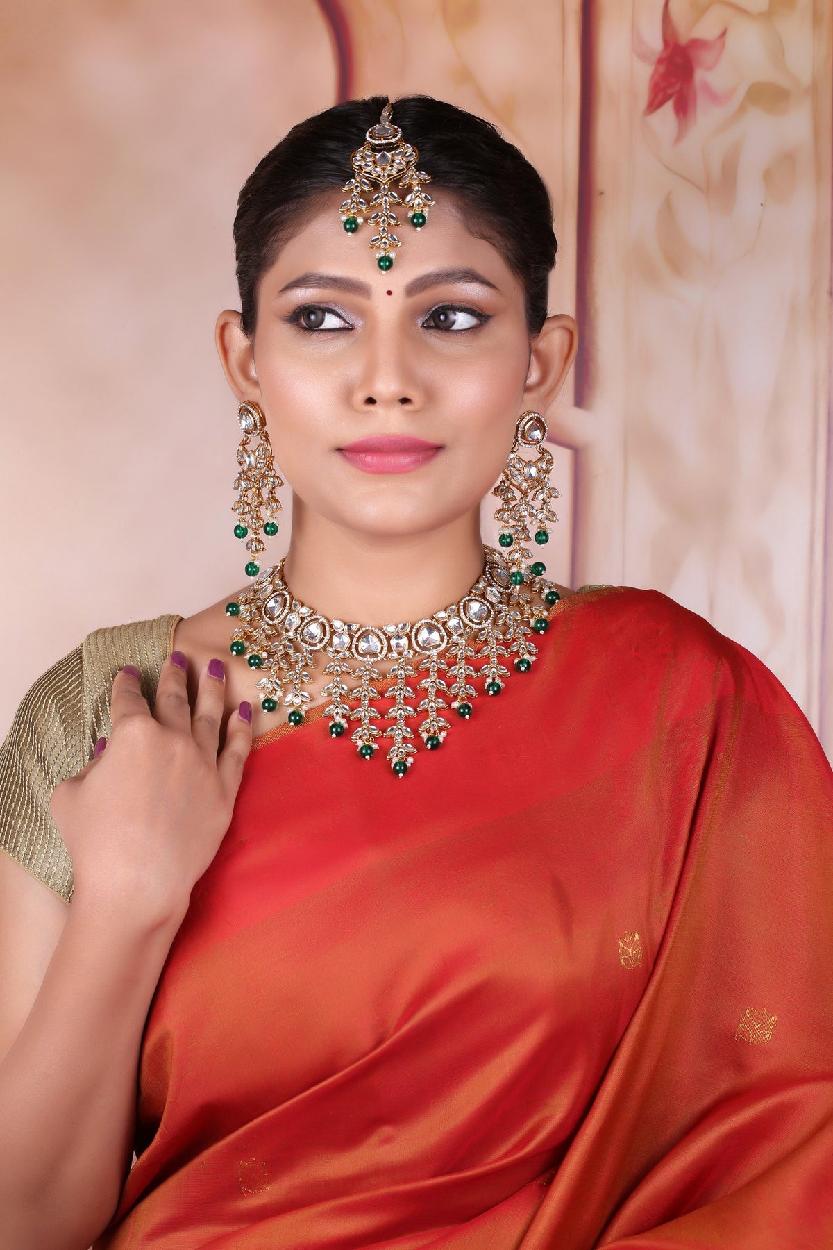 Emerald Green Kundan Cascade Necklace Set with Maang Tikka, worn by model