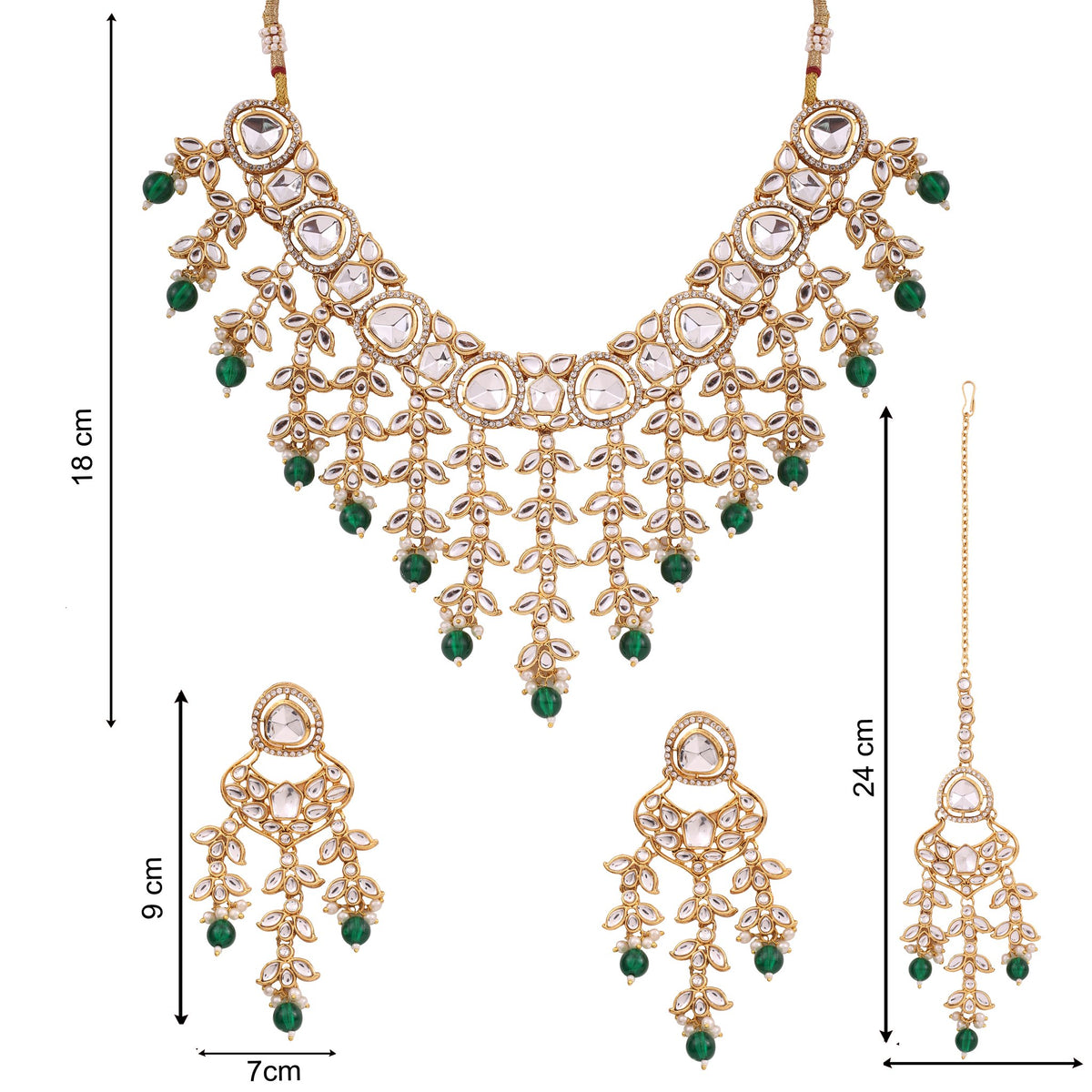 Emerald Green Kundan Cascade Necklace Set with Maang Tikka, with dimensions