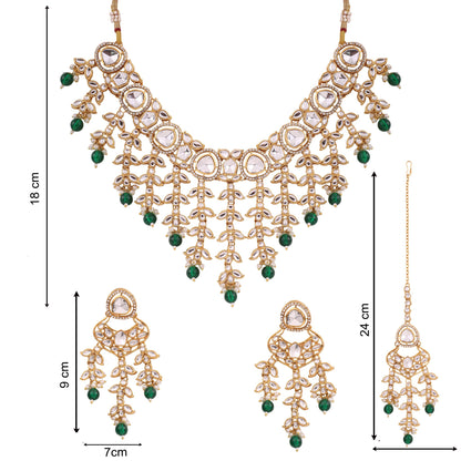 Emerald Green Kundan Cascade Necklace Set with Maang Tikka, with dimensions