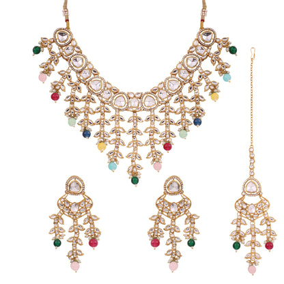 Multicolor Kundan Cascade Necklace Set with Maang Tikka