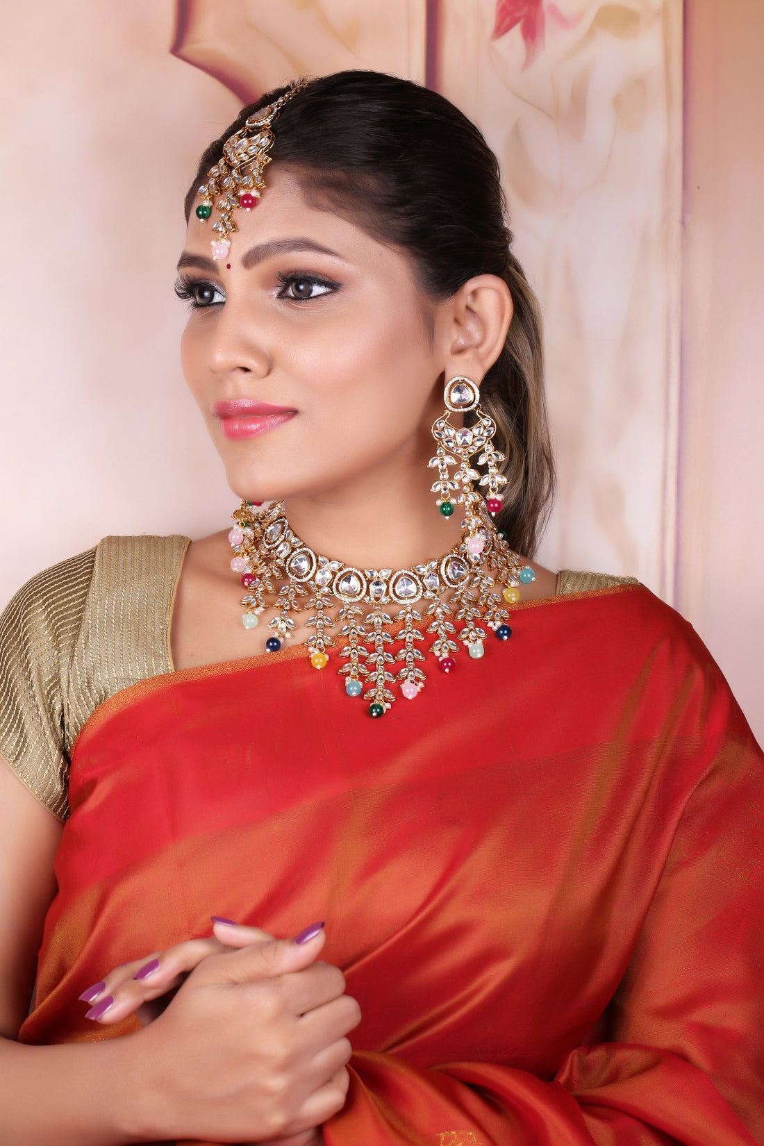Multicolor Kundan Cascade Necklace Set with Maang Tikka, worn by model