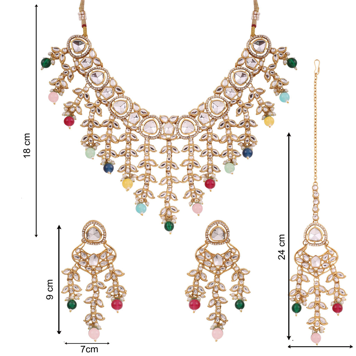 Multicolor Kundan Cascade Necklace Set with Maang Tikka, with dimensions