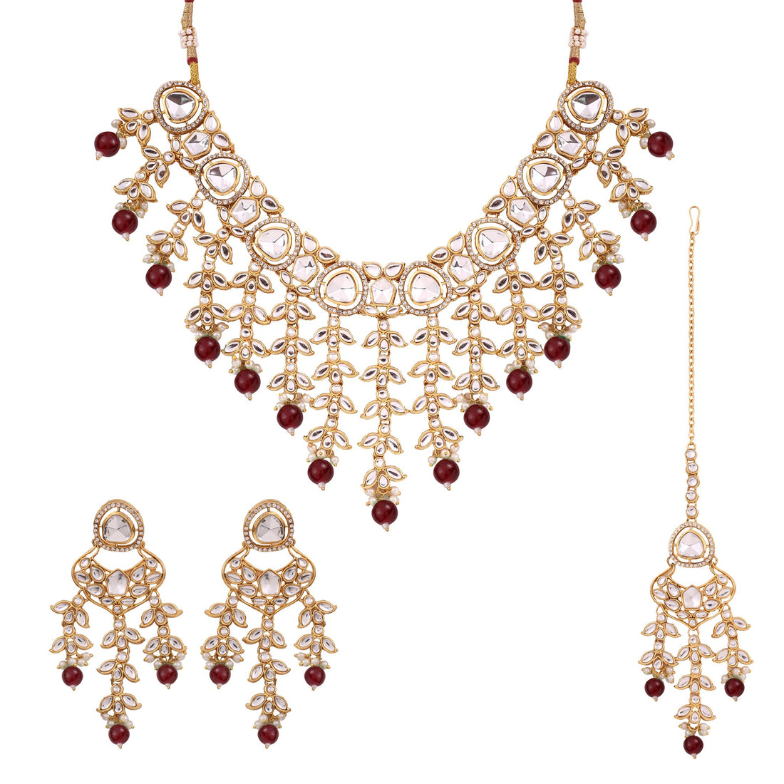 Ruby Red Kundan Cascade Necklace Set with Maang Tikka