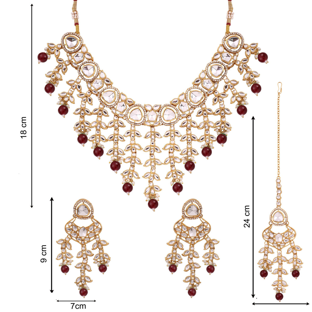 Ruby Red Kundan Cascade Necklace Set with Maang Tikka, with dimensions