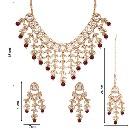 Ruby Red Kundan Cascade Necklace Set with Maang Tikka, with dimensions