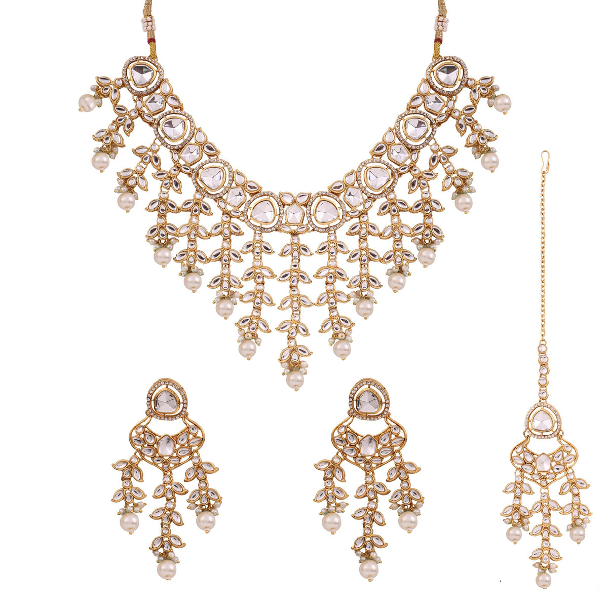 Pearl Kundan Cascade Necklace Set with Maang Tikka
