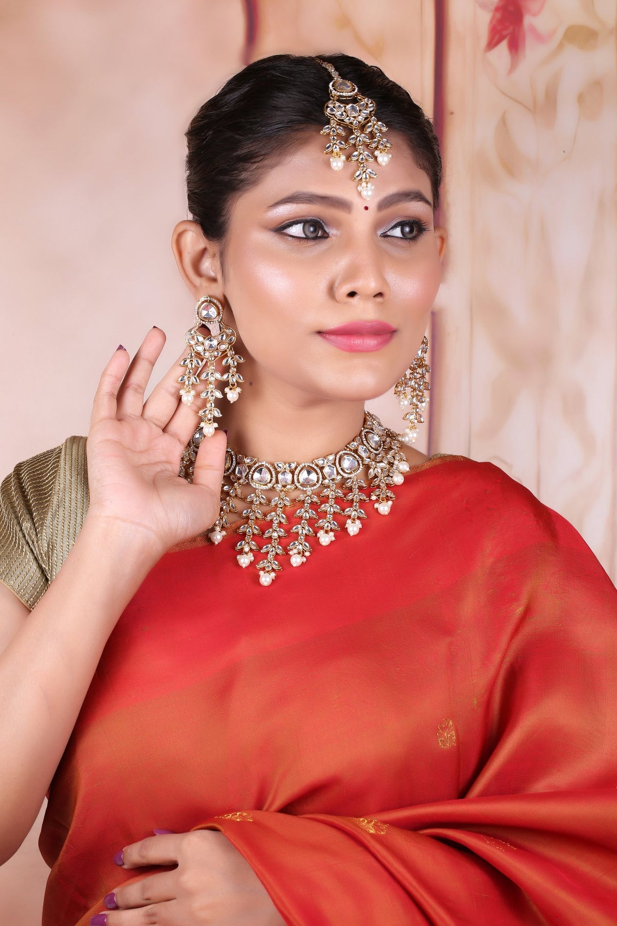 Pearl Kundan Cascade Necklace Set with Maang Tikka, worn by model