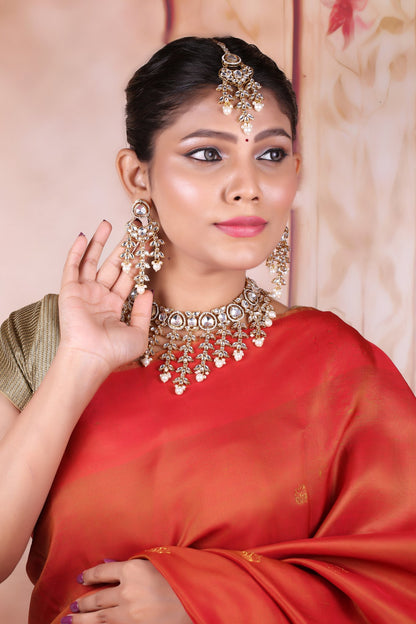 Pearl Kundan Cascade Necklace Set with Maang Tikka, worn by model