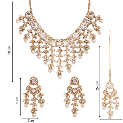 Pearl Kundan Cascade Necklace Set with Maang Tikka, with dimensions