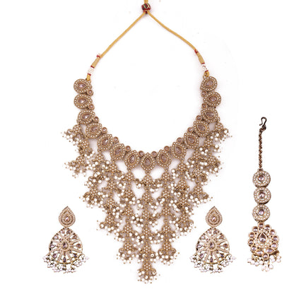 Antique Gold Polki Cascade Bib Necklace Set with Earrings &amp; Maang Tikka