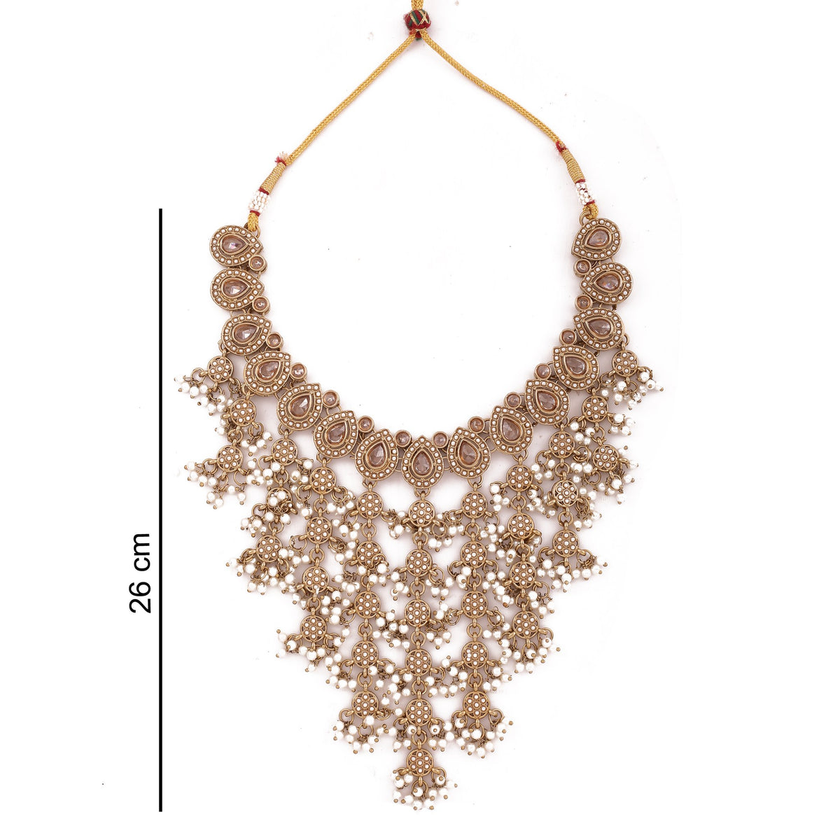 Antique Gold Polki Cascade Bib Necklace Set with Earrings &amp; Maang Tikka, with dimensions
