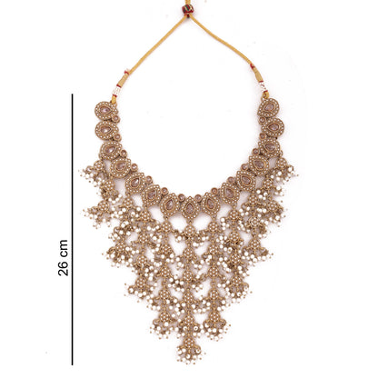 Antique Gold Polki Cascade Bib Necklace Set with Earrings &amp; Maang Tikka, with dimensions
